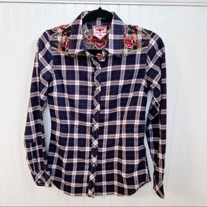 Grace in LA Red White & Blue Plaid Floral Embroidered Western Look Button Up